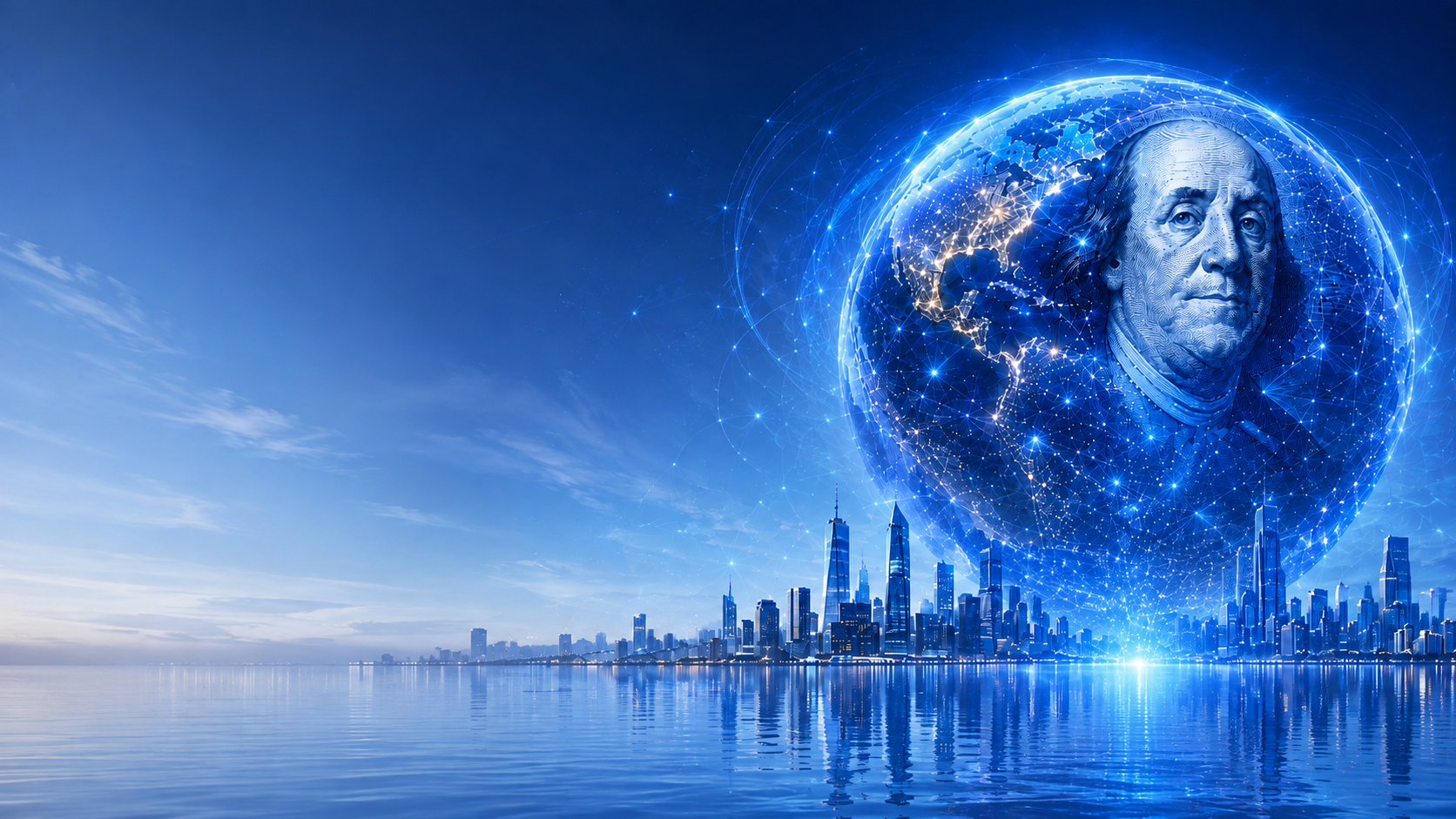 Benjamin Franklin within a global banking network above an illuminated international skyline